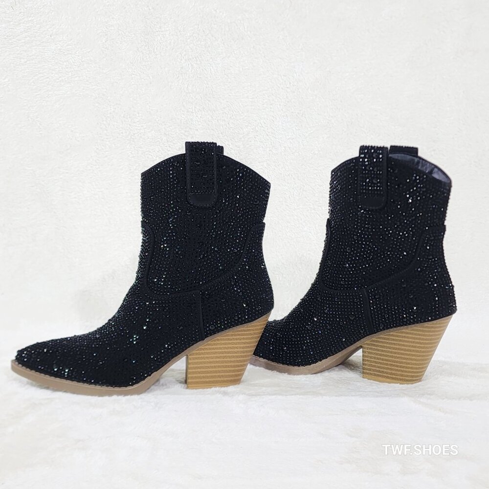 Dolly Black Rhinestone Glitter Disco Cowgirl Country Western Ankle Boots